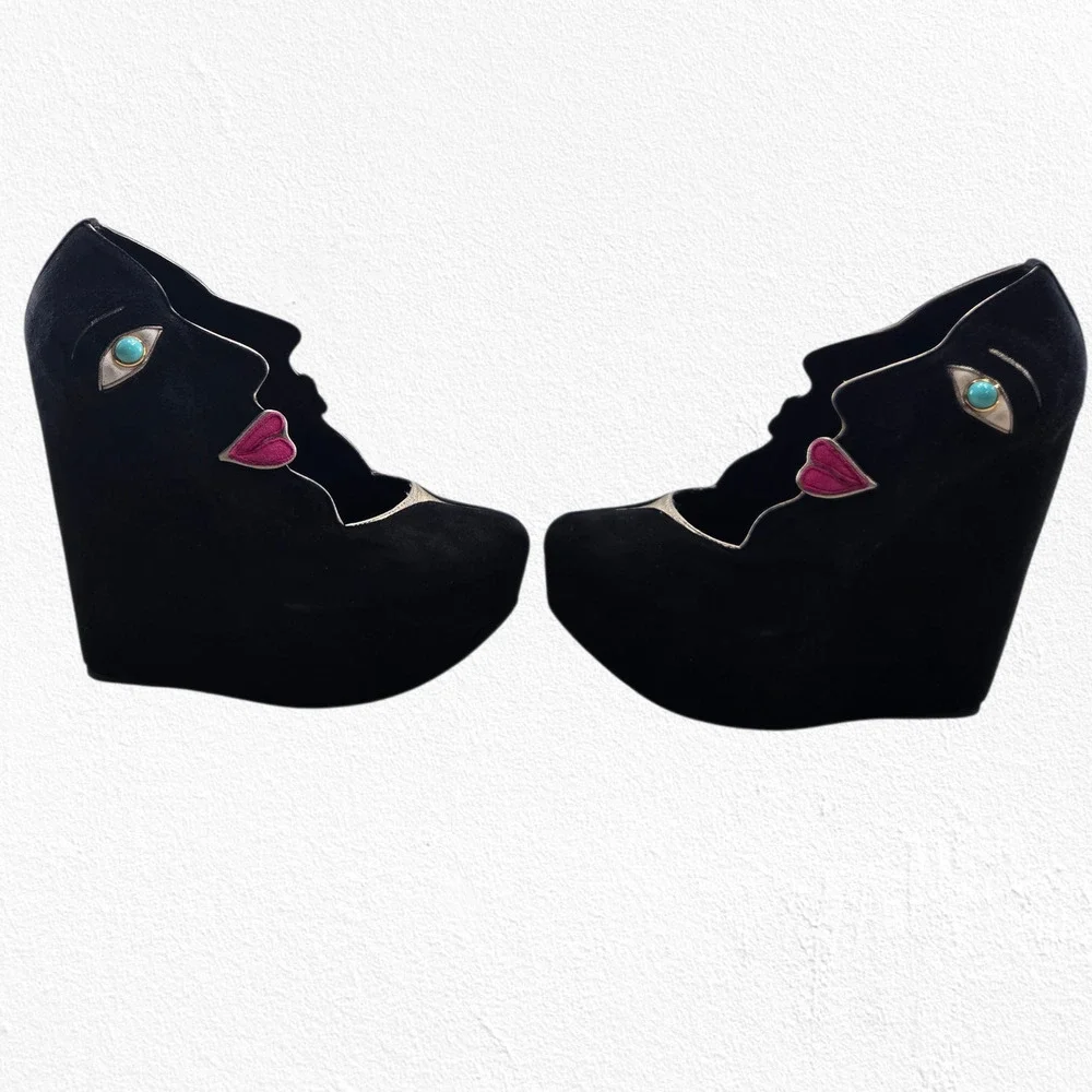 Dolce & Gabbana Face Wedge Platform Black Suede Platino Statement Heels EU 36.5 - Picture 5 of 16